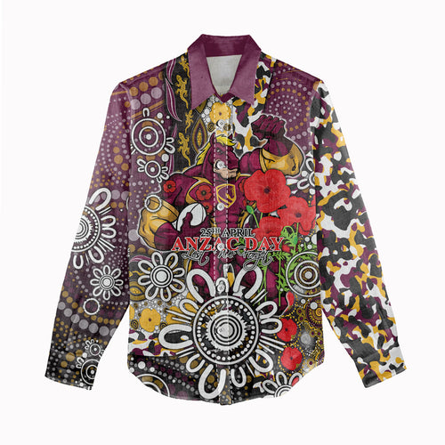 Brisbane Broncos ANZAC Day Women Casual Shirt Aboriginal Poppy Remembrance Rugby - Lest We Forget