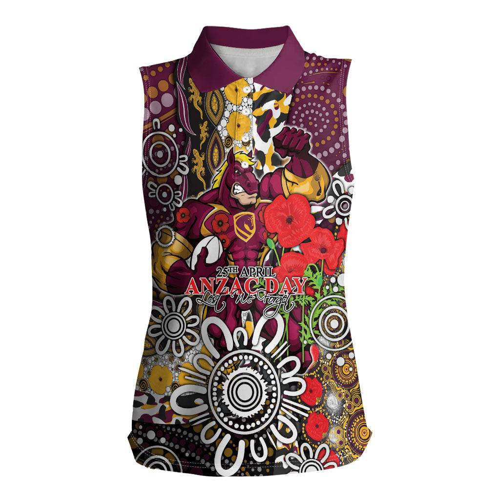 Brisbane Broncos ANZAC Day Women Sleeveless Polo Shirt Aboriginal Poppy Remembrance Rugby - Lest We Forget