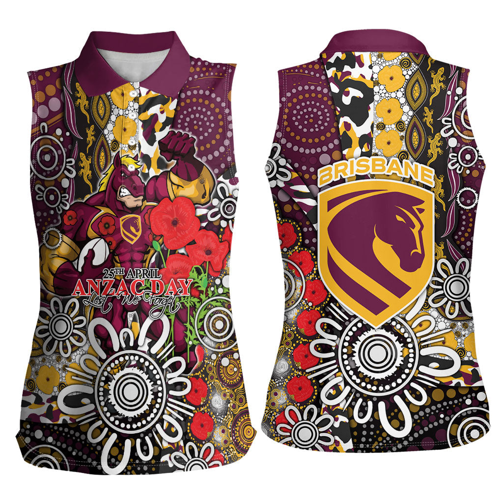 Brisbane Broncos ANZAC Day Women Sleeveless Polo Shirt Aboriginal Poppy Remembrance Rugby - Lest We Forget