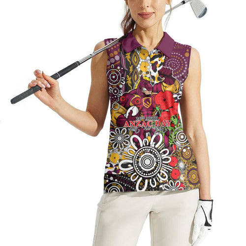 Brisbane Broncos ANZAC Day Women Sleeveless Polo Shirt Aboriginal Poppy Remembrance Rugby - Lest We Forget