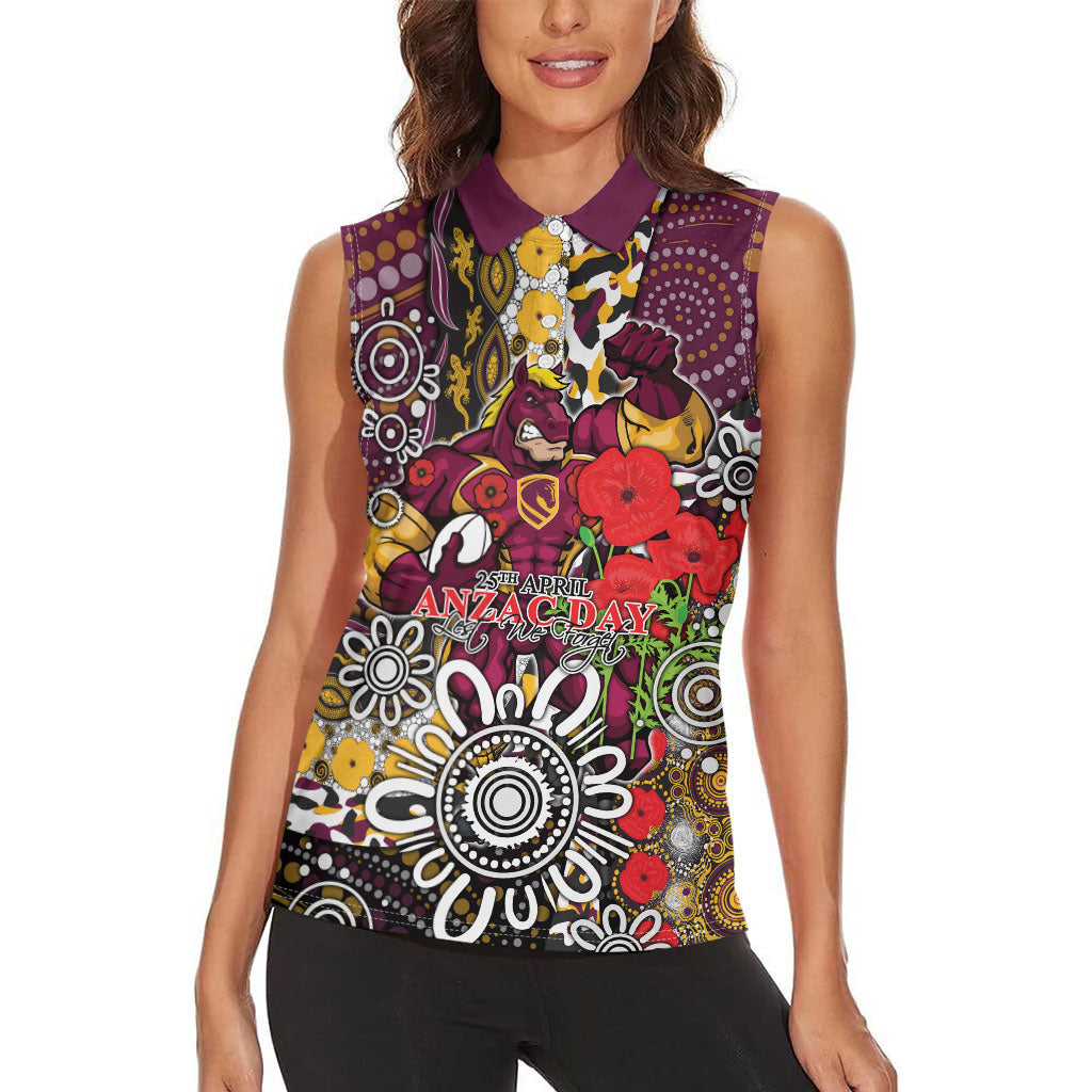 Brisbane Broncos ANZAC Day Women Sleeveless Polo Shirt Aboriginal Poppy Remembrance Rugby - Lest We Forget