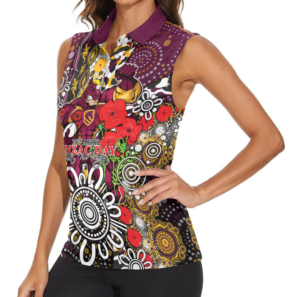 Brisbane Broncos ANZAC Day Women Sleeveless Polo Shirt Aboriginal Poppy Remembrance Rugby - Lest We Forget