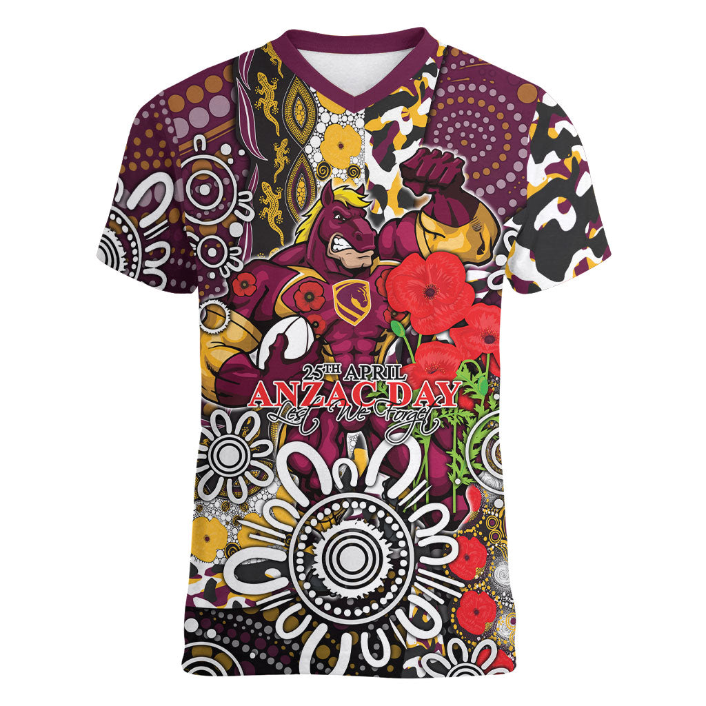 Brisbane Broncos ANZAC Day Women V-Neck T-Shirt Aboriginal Poppy Remembrance Rugby - Lest We Forget