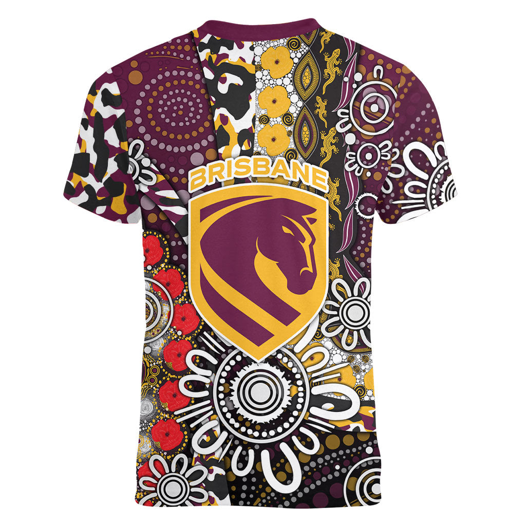 Brisbane Broncos ANZAC Day Women V-Neck T-Shirt Aboriginal Poppy Remembrance Rugby - Lest We Forget