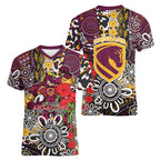 Brisbane Broncos ANZAC Day Women V-Neck T-Shirt Aboriginal Poppy Remembrance Rugby - Lest We Forget