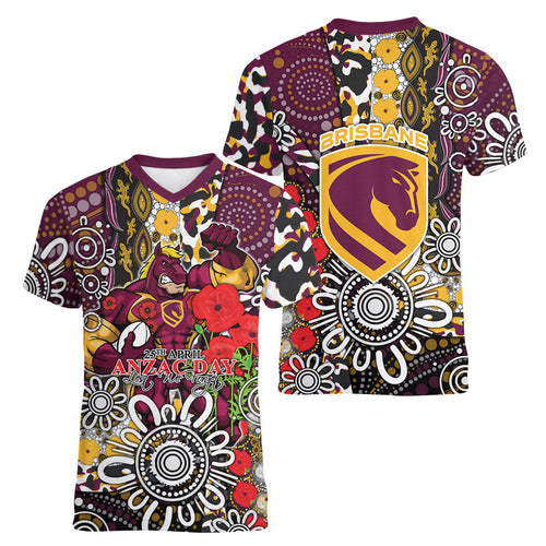 Brisbane Broncos ANZAC Day Women V-Neck T-Shirt Aboriginal Poppy Remembrance Rugby - Lest We Forget