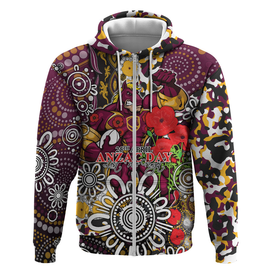 Brisbane Broncos ANZAC Day Zip Hoodie Aboriginal Poppy Remembrance Rugby - Lest We Forget