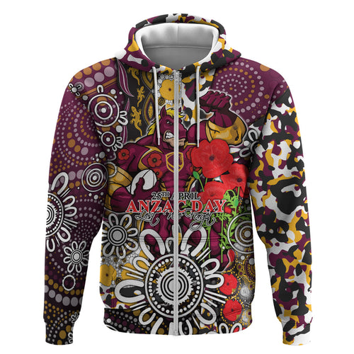 Brisbane Broncos ANZAC Day Zip Hoodie Aboriginal Poppy Remembrance Rugby - Lest We Forget