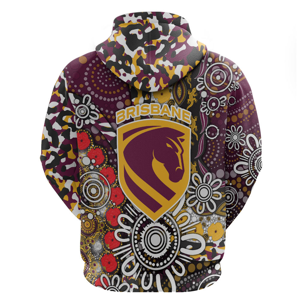 Brisbane Broncos ANZAC Day Zip Hoodie Aboriginal Poppy Remembrance Rugby - Lest We Forget
