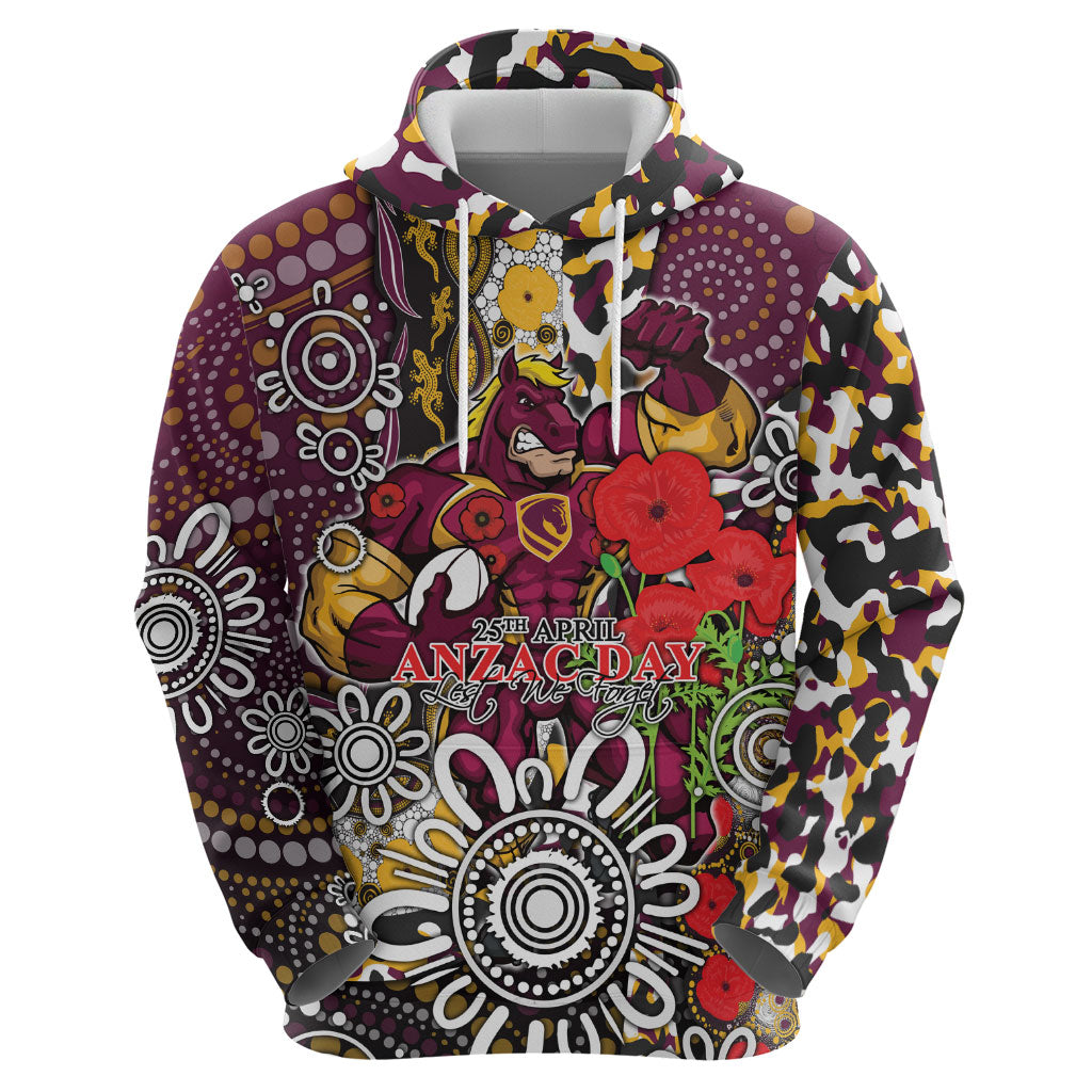 Brisbane Broncos ANZAC Day Zip Hoodie Aboriginal Poppy Remembrance Rugby - Lest We Forget