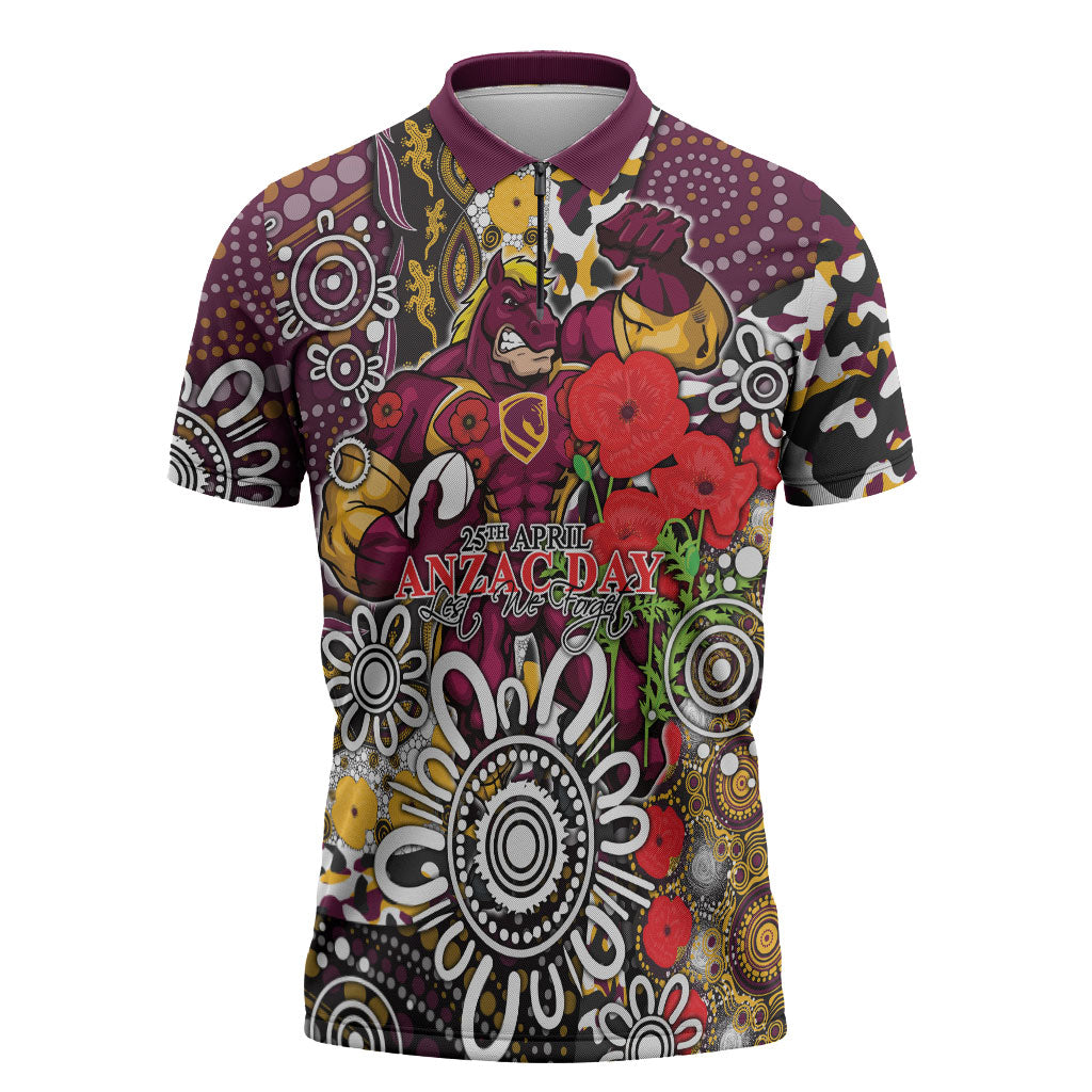 Brisbane Broncos ANZAC Day Zipper Polo Shirt Aboriginal Poppy Remembrance Rugby - Lest We Forget