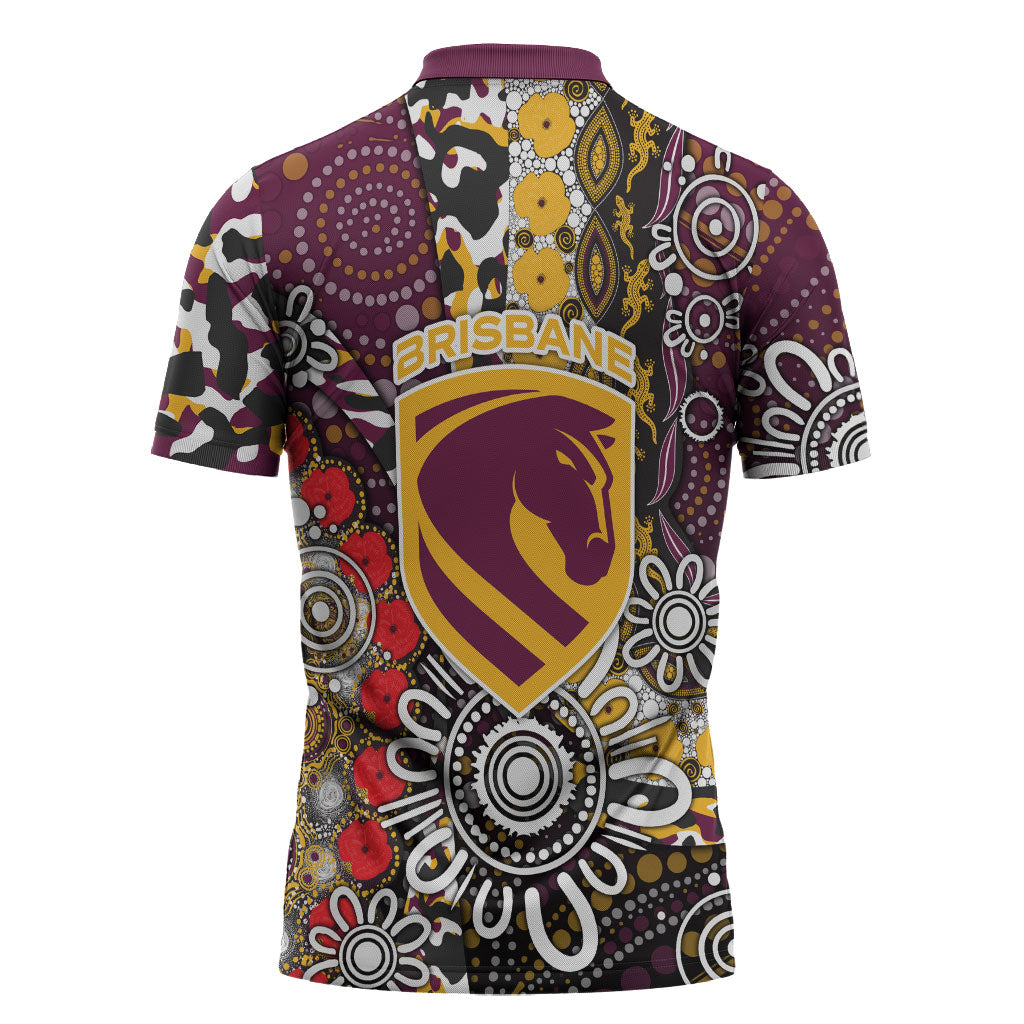 Brisbane Broncos ANZAC Day Zipper Polo Shirt Aboriginal Poppy Remembrance Rugby - Lest We Forget