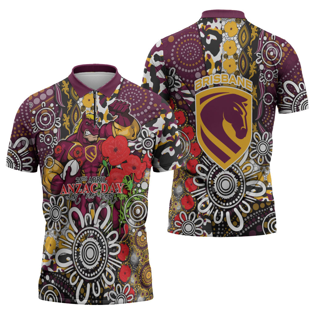 Brisbane Broncos ANZAC Day Zipper Polo Shirt Aboriginal Poppy Remembrance Rugby - Lest We Forget