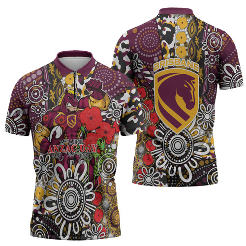 Brisbane Broncos ANZAC Day Zipper Polo Shirt Aboriginal Poppy Remembrance Rugby - Lest We Forget