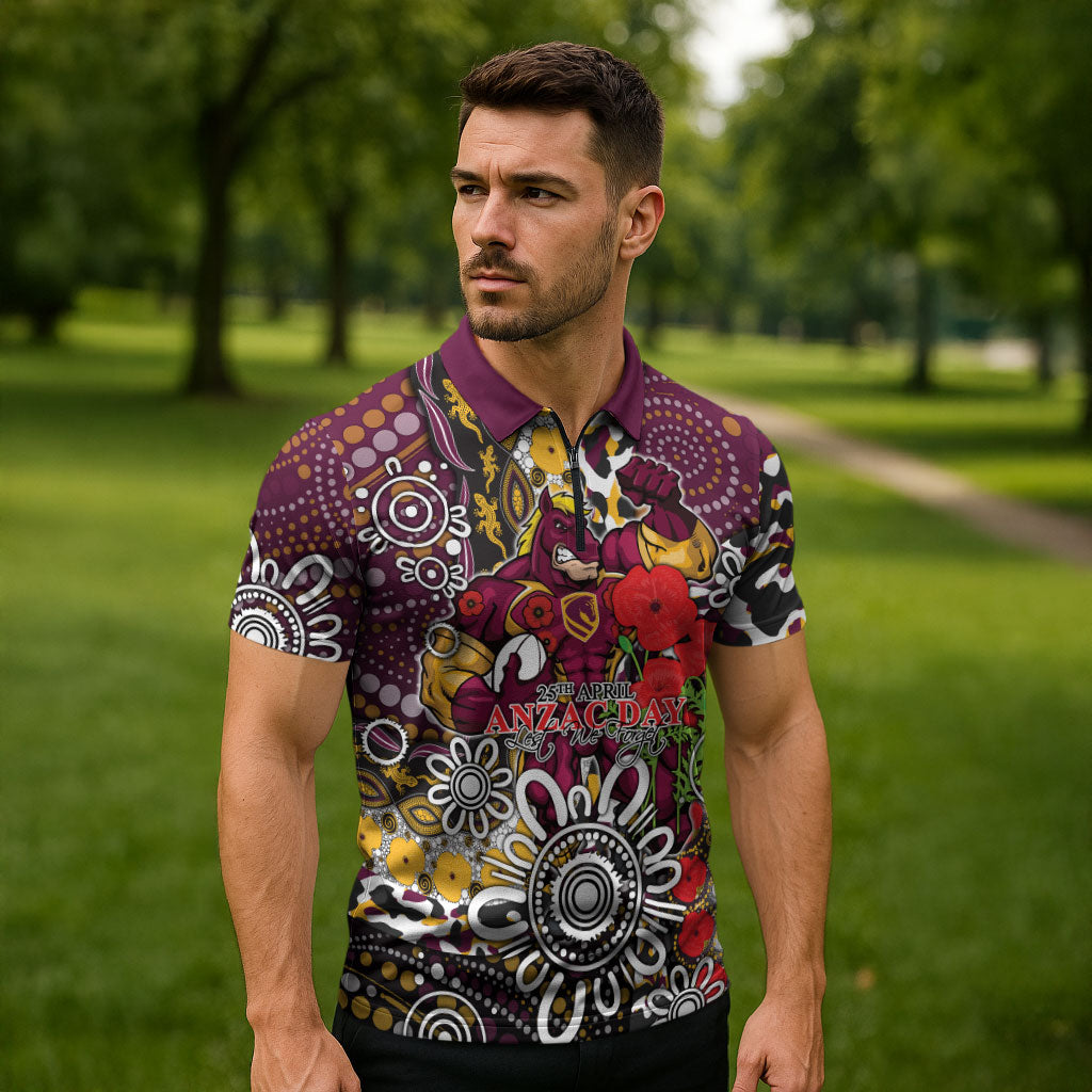 Brisbane Broncos ANZAC Day Zipper Polo Shirt Aboriginal Poppy Remembrance Rugby - Lest We Forget