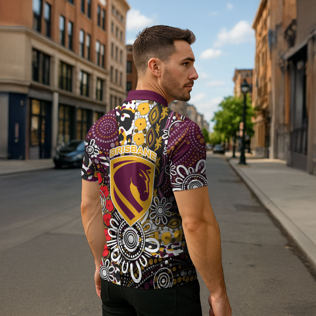 Brisbane Broncos ANZAC Day Zipper Polo Shirt Aboriginal Poppy Remembrance Rugby - Lest We Forget