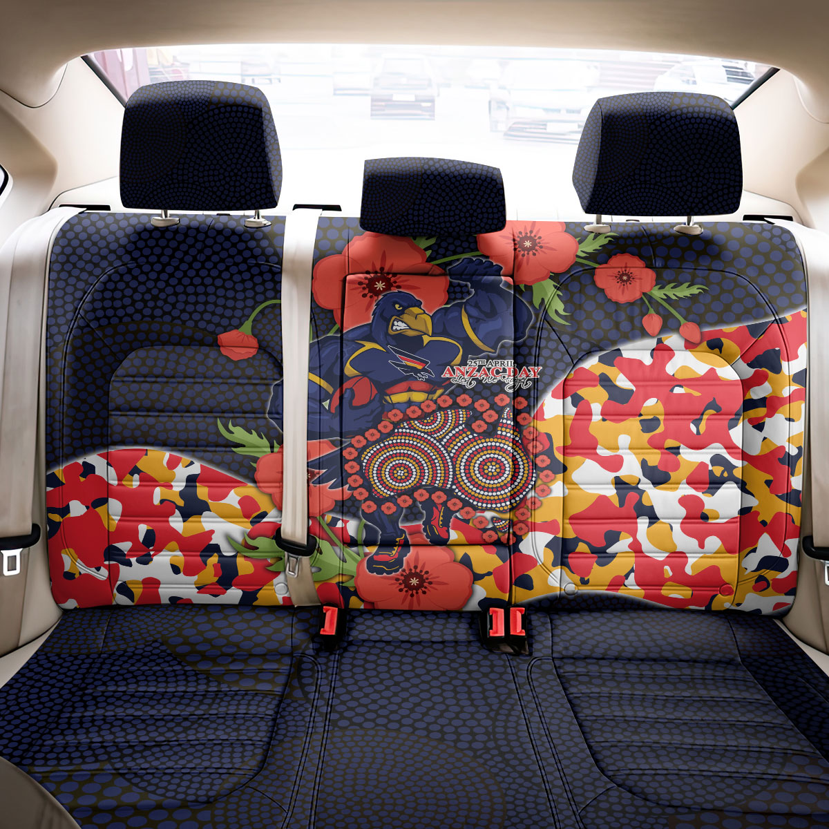 Adelaide Crows ANZAC Day Tribute Back Car Seat Cover Indigenous Dot Art Poppy Remembrance Football Warrior