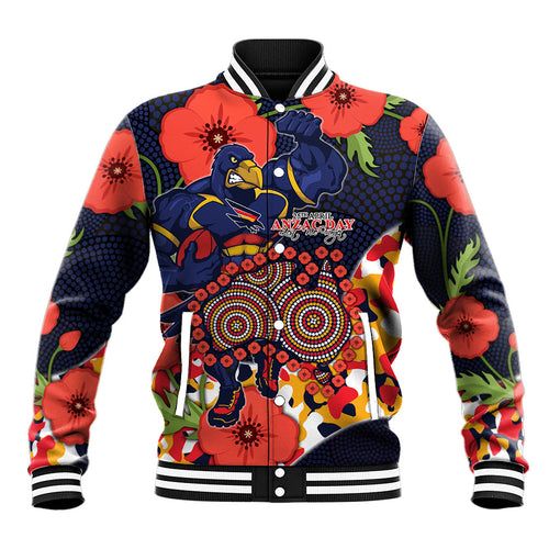 Adelaide Crows ANZAC Day Tribute Baseball Jacket Indigenous Dot Art Poppy Remembrance Football Warrior