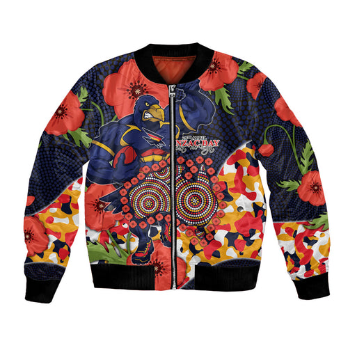 Adelaide Crows ANZAC Day Tribute Bomber Jacket Indigenous Dot Art Poppy Remembrance Football Warrior