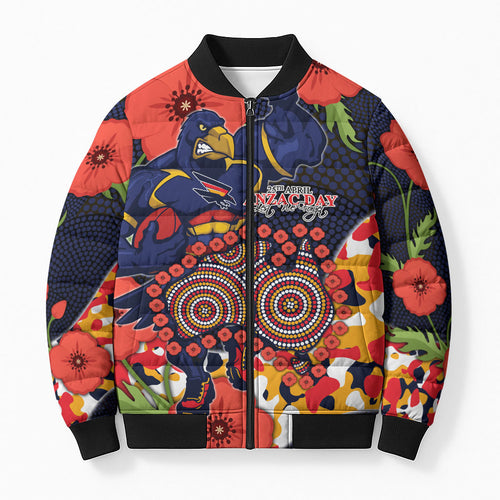 Adelaide Crows ANZAC Day Tribute Bomber Puffer Jacket Indigenous Dot Art Poppy Remembrance Football Warrior