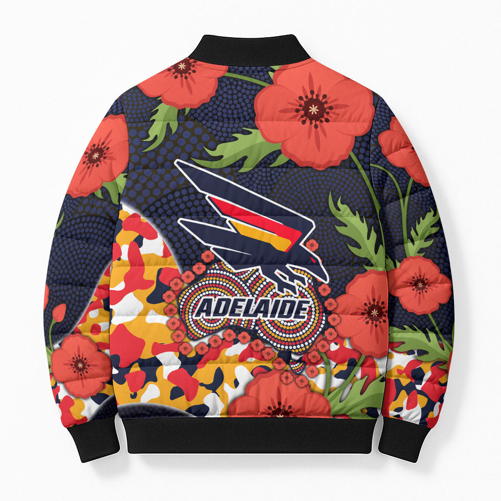 Adelaide Crows ANZAC Day Tribute Bomber Puffer Jacket Indigenous Dot Art Poppy Remembrance Football Warrior