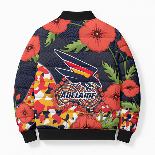 Adelaide Crows ANZAC Day Tribute Bomber Puffer Jacket Indigenous Dot Art Poppy Remembrance Football Warrior