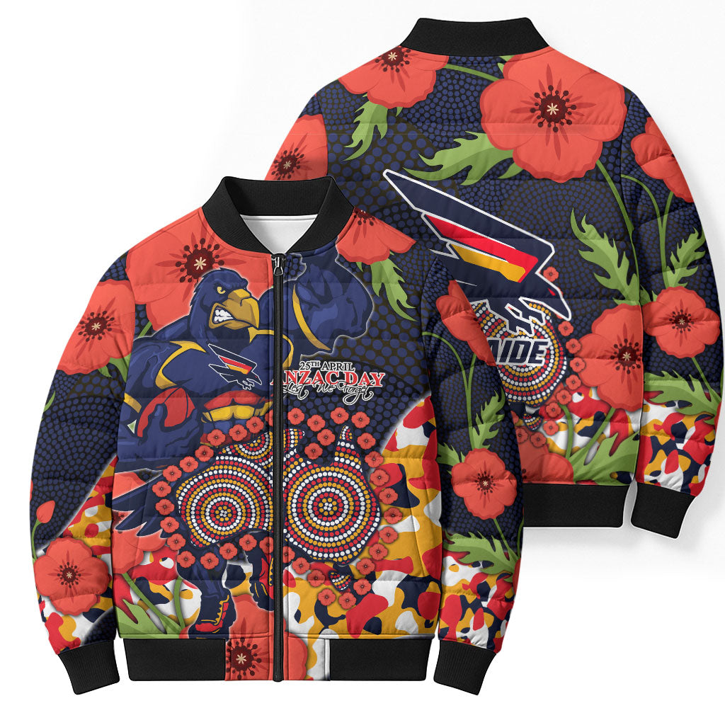 Adelaide Crows ANZAC Day Tribute Bomber Puffer Jacket Indigenous Dot Art Poppy Remembrance Football Warrior