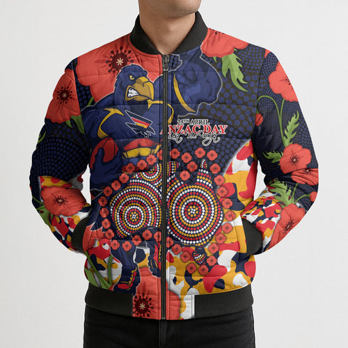 Adelaide Crows ANZAC Day Tribute Bomber Puffer Jacket Indigenous Dot Art Poppy Remembrance Football Warrior