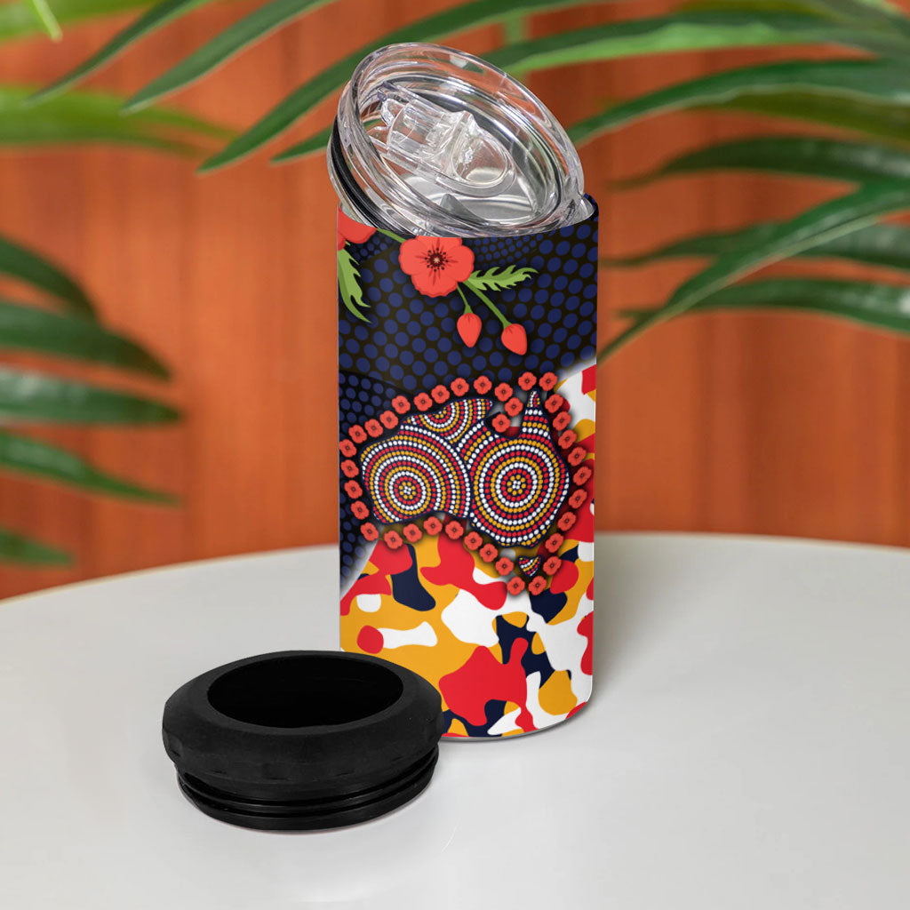 Adelaide Crows ANZAC Day Tribute 4 in 1 Can Cooler Tumbler Indigenous Dot Art Poppy Remembrance Football Warrior