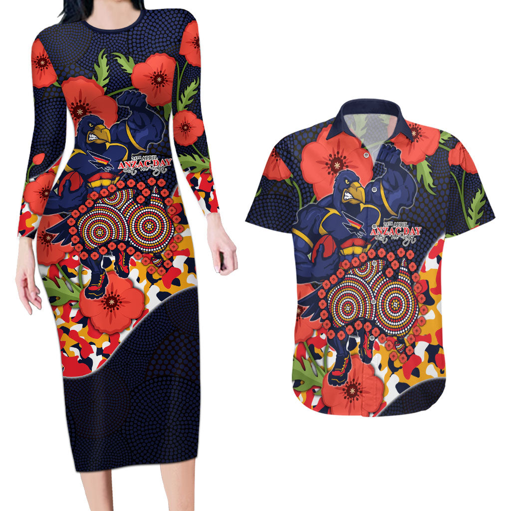 Adelaide Crows ANZAC Day Tribute Couples Matching Long Sleeve Bodycon Dress and Hawaiian Shirt Indigenous Dot Art Poppy Remembrance Football Warrior