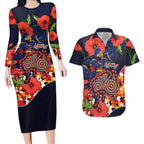 Adelaide Crows ANZAC Day Tribute Couples Matching Long Sleeve Bodycon Dress and Hawaiian Shirt Indigenous Dot Art Poppy Remembrance Football Warrior