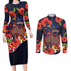 Adelaide Crows ANZAC Day Tribute Couples Matching Long Sleeve Bodycon Dress and Long Sleeve Button Shirt Indigenous Dot Art Poppy Remembrance Football Warrior