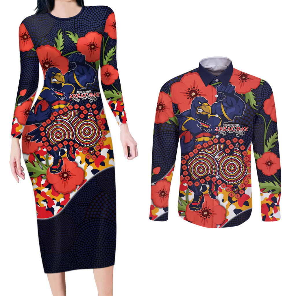 Adelaide Crows ANZAC Day Tribute Couples Matching Long Sleeve Bodycon Dress and Long Sleeve Button Shirt Indigenous Dot Art Poppy Remembrance Football Warrior