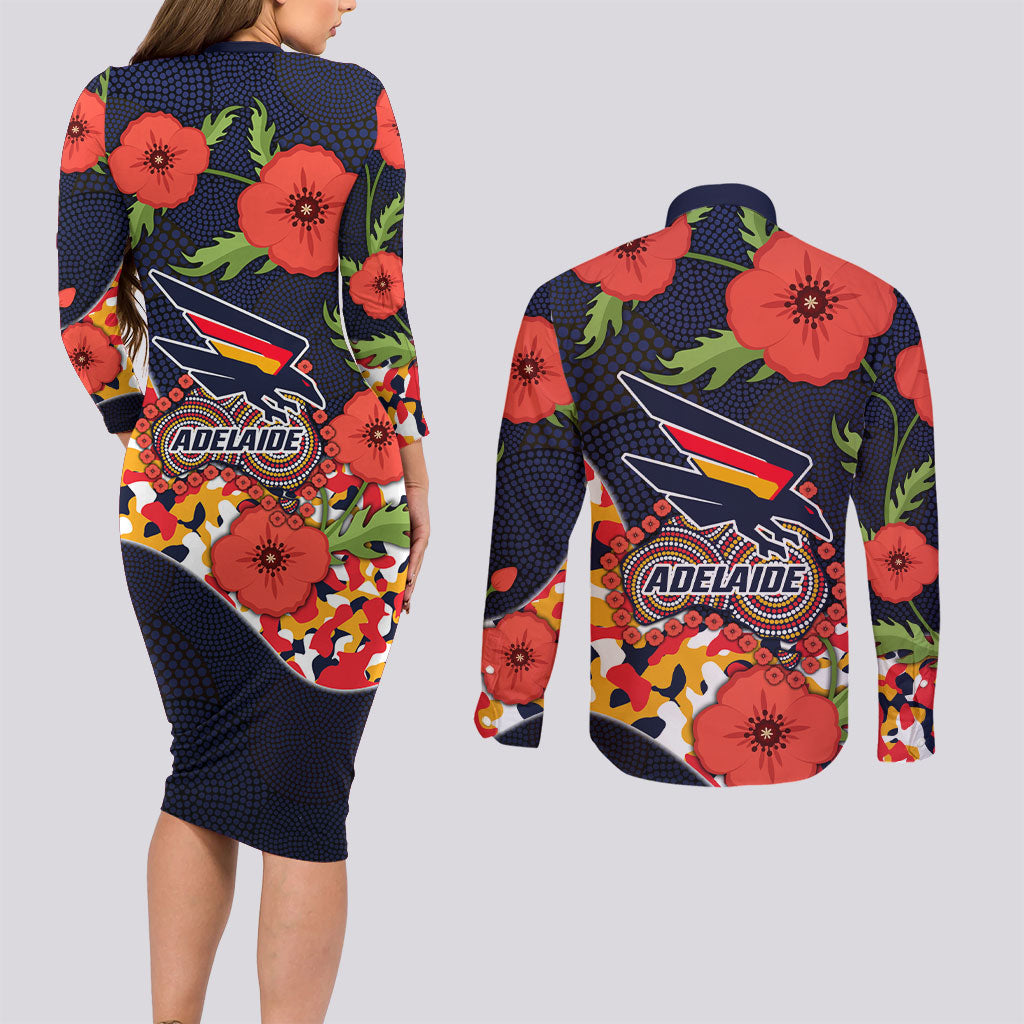 Adelaide Crows ANZAC Day Tribute Couples Matching Long Sleeve Bodycon Dress and Long Sleeve Button Shirt Indigenous Dot Art Poppy Remembrance Football Warrior