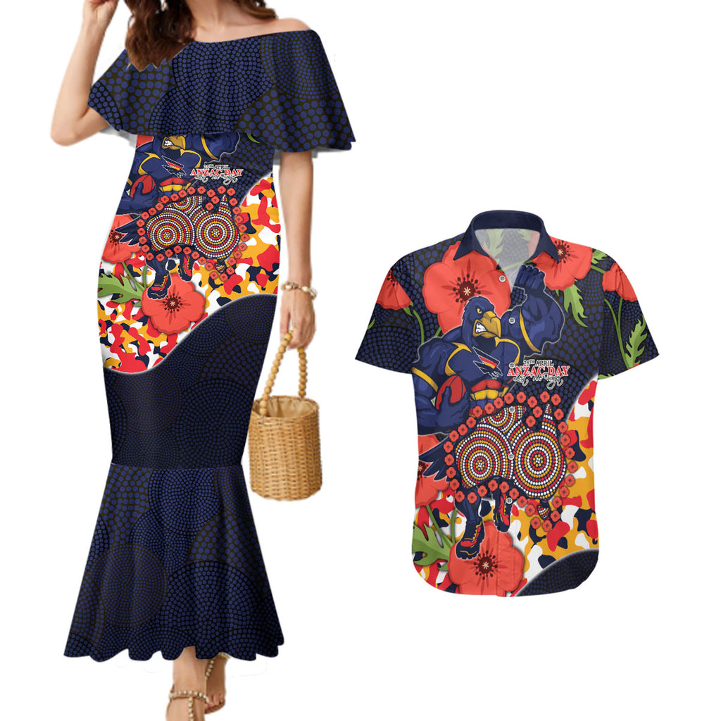 Adelaide Crows ANZAC Day Tribute Couples Matching Mermaid Dress and Hawaiian Shirt Indigenous Dot Art Poppy Remembrance Football Warrior
