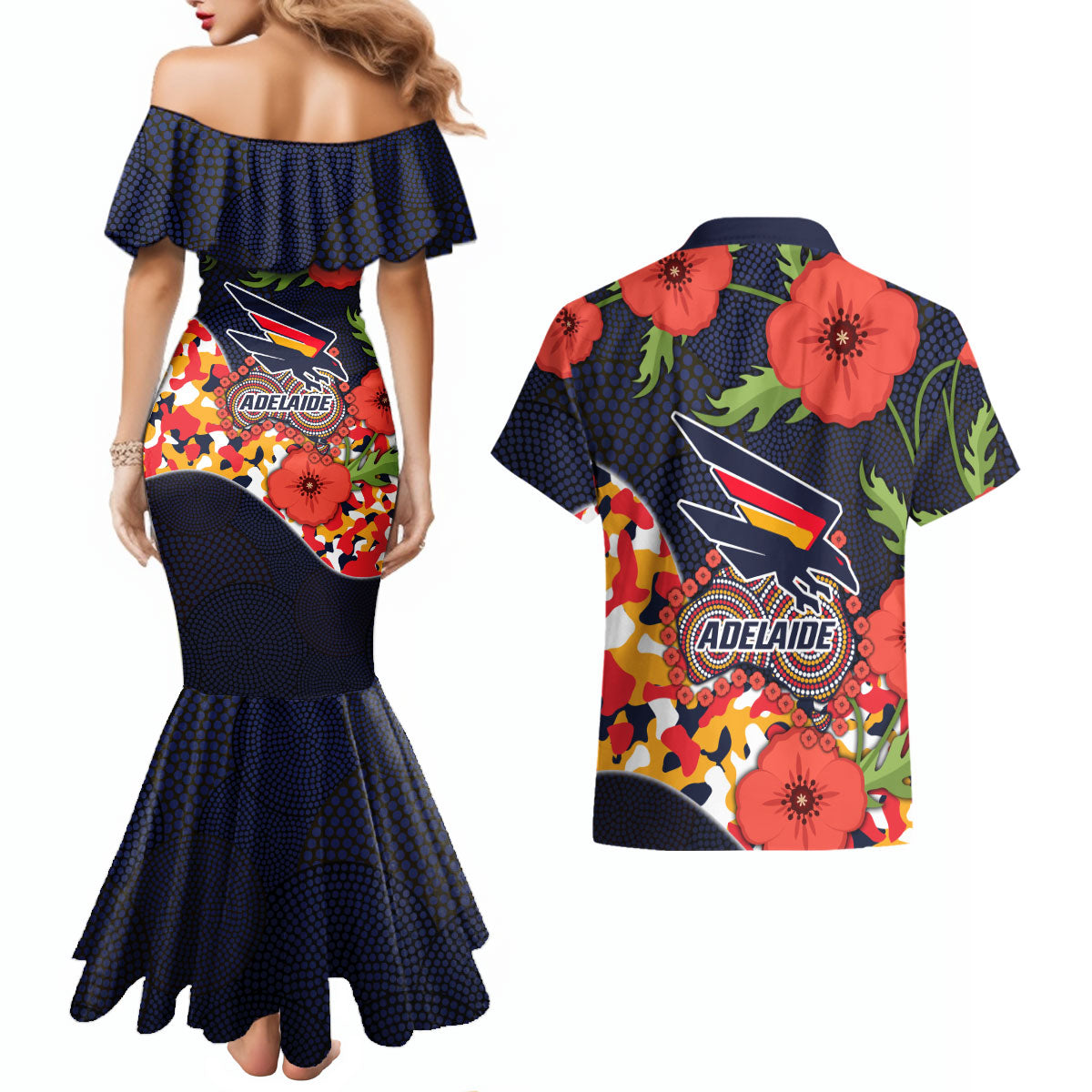 Adelaide Crows ANZAC Day Tribute Couples Matching Mermaid Dress and Hawaiian Shirt Indigenous Dot Art Poppy Remembrance Football Warrior