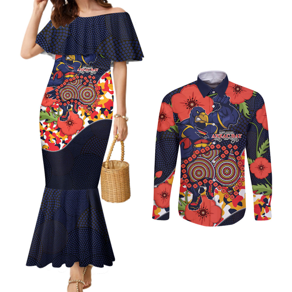 Adelaide Crows ANZAC Day Tribute Couples Matching Mermaid Dress and Long Sleeve Button Shirt Indigenous Dot Art Poppy Remembrance Football Warrior