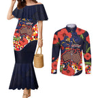 Adelaide Crows ANZAC Day Tribute Couples Matching Mermaid Dress and Long Sleeve Button Shirt Indigenous Dot Art Poppy Remembrance Football Warrior
