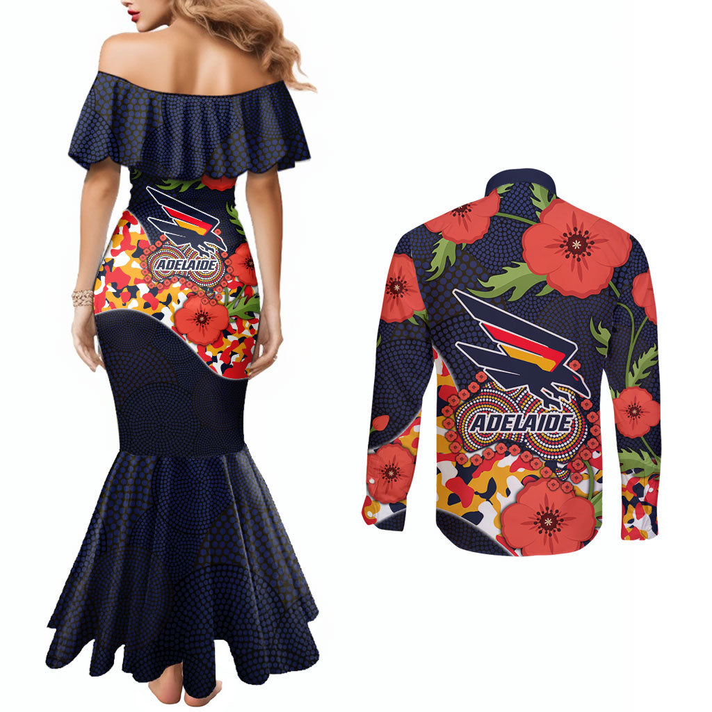 Adelaide Crows ANZAC Day Tribute Couples Matching Mermaid Dress and Long Sleeve Button Shirt Indigenous Dot Art Poppy Remembrance Football Warrior