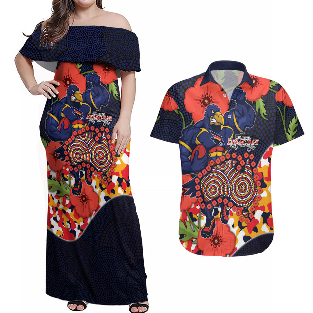 Adelaide Crows ANZAC Day Tribute Couples Matching Off Shoulder Maxi Dress and Hawaiian Shirt Indigenous Dot Art Poppy Remembrance Football Warrior