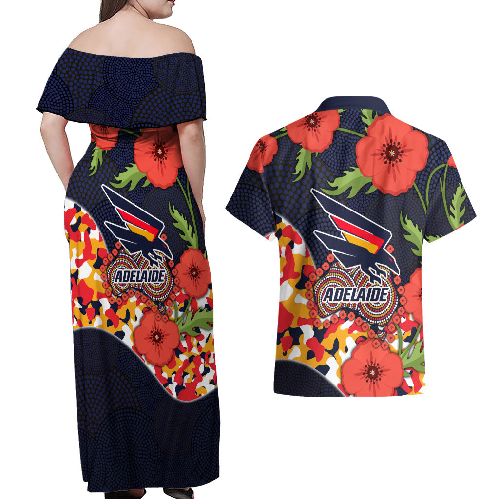 Adelaide Crows ANZAC Day Tribute Couples Matching Off Shoulder Maxi Dress and Hawaiian Shirt Indigenous Dot Art Poppy Remembrance Football Warrior