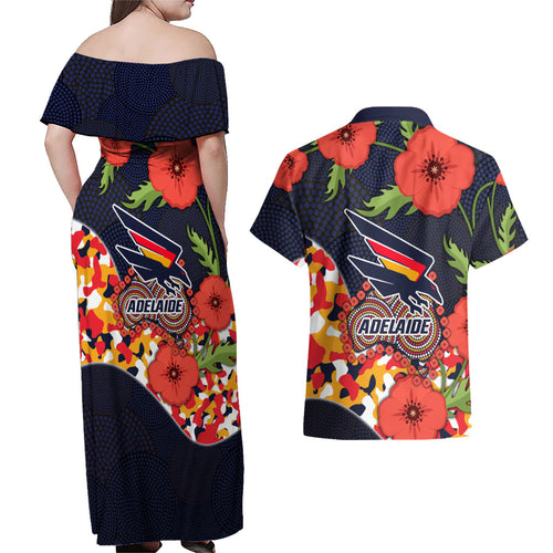 Adelaide Crows ANZAC Day Tribute Couples Matching Off Shoulder Maxi Dress and Hawaiian Shirt Indigenous Dot Art Poppy Remembrance Football Warrior