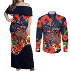 Adelaide Crows ANZAC Day Tribute Couples Matching Off Shoulder Maxi Dress and Long Sleeve Button Shirt Indigenous Dot Art Poppy Remembrance Football Warrior