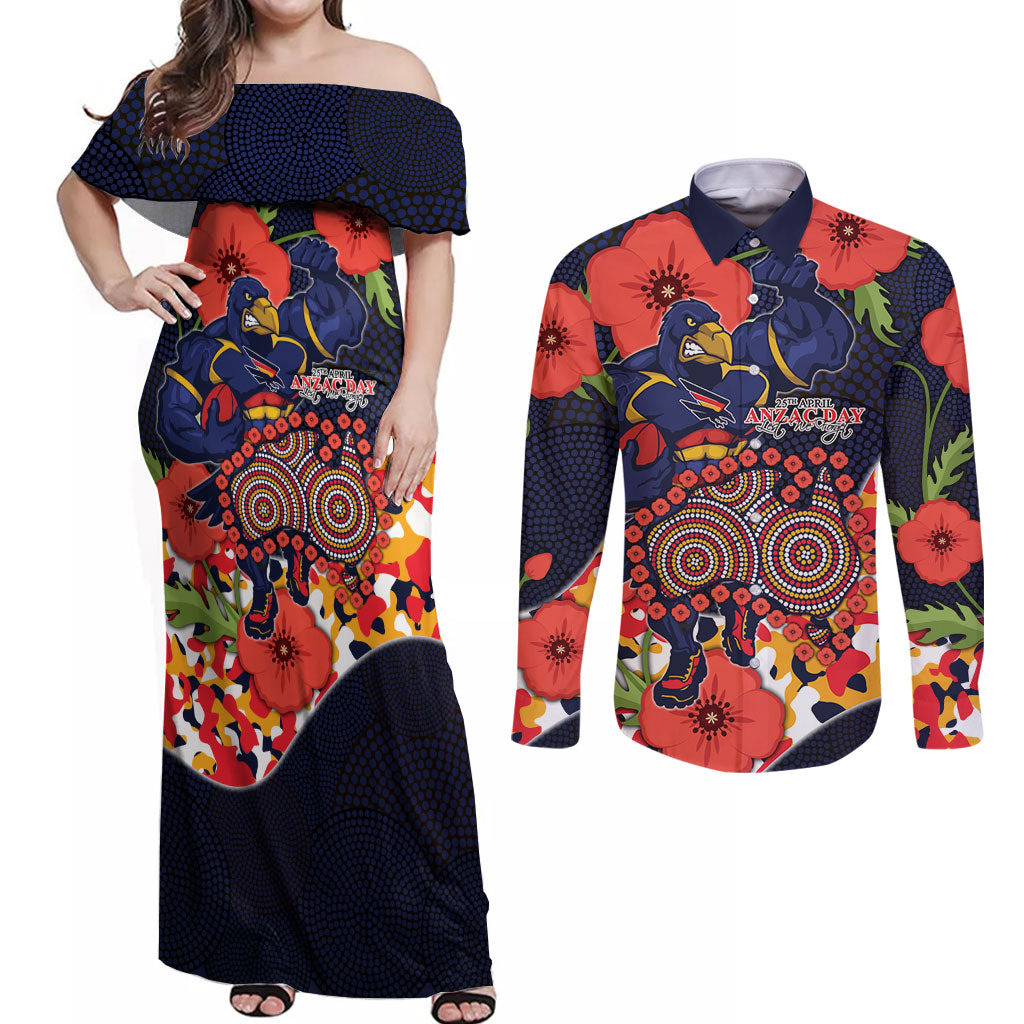 Adelaide Crows ANZAC Day Tribute Couples Matching Off Shoulder Maxi Dress and Long Sleeve Button Shirt Indigenous Dot Art Poppy Remembrance Football Warrior