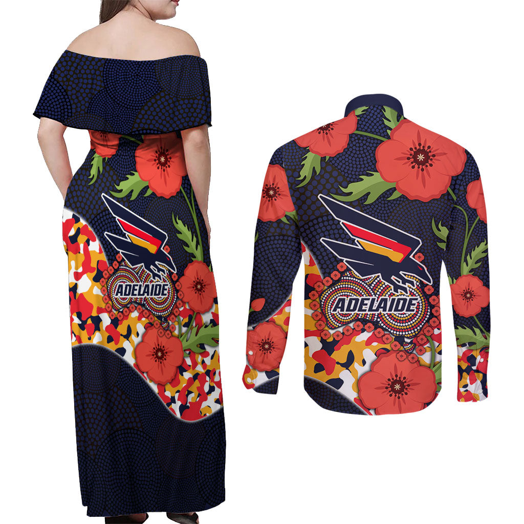 Adelaide Crows ANZAC Day Tribute Couples Matching Off Shoulder Maxi Dress and Long Sleeve Button Shirt Indigenous Dot Art Poppy Remembrance Football Warrior