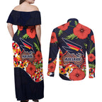 Adelaide Crows ANZAC Day Tribute Couples Matching Off Shoulder Maxi Dress and Long Sleeve Button Shirt Indigenous Dot Art Poppy Remembrance Football Warrior