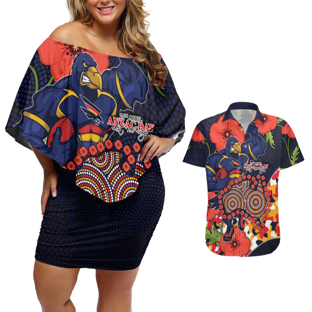 Adelaide Crows ANZAC Day Tribute Couples Matching Off Shoulder Short Dress and Hawaiian Shirt Indigenous Dot Art Poppy Remembrance Football Warrior