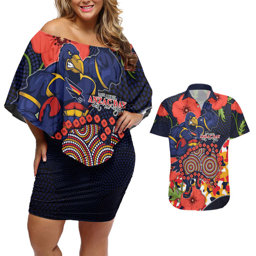 Adelaide Crows ANZAC Day Tribute Couples Matching Off Shoulder Short Dress and Hawaiian Shirt Indigenous Dot Art Poppy Remembrance Football Warrior