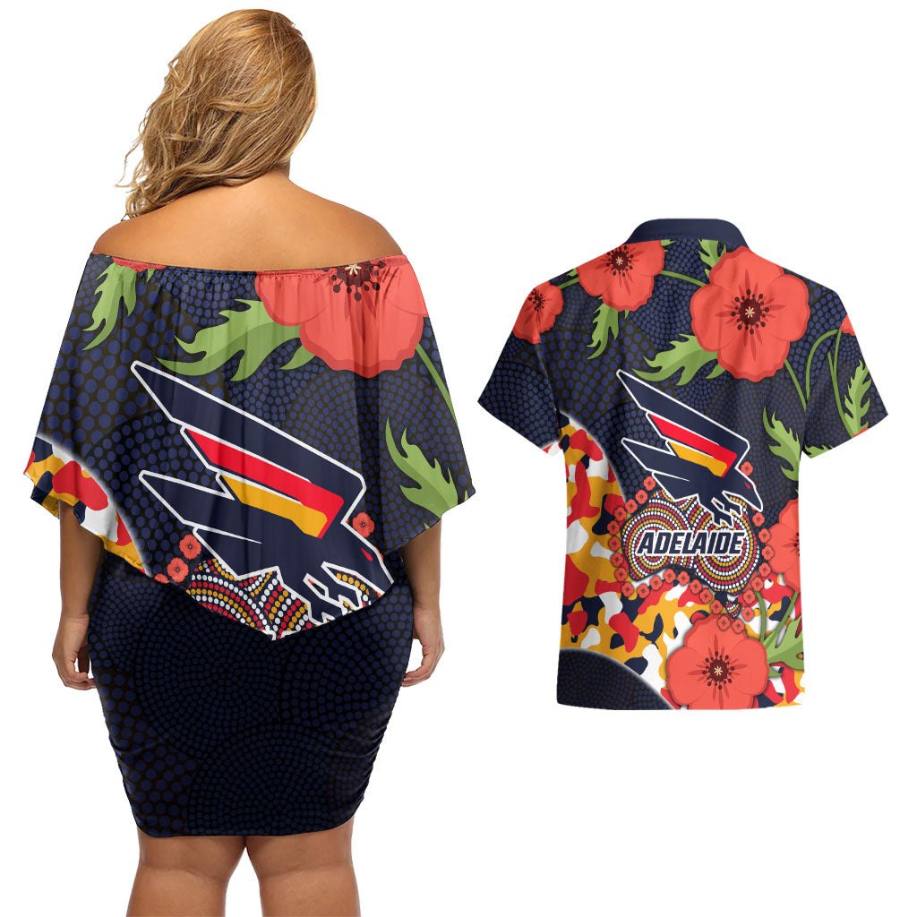 Adelaide Crows ANZAC Day Tribute Couples Matching Off Shoulder Short Dress and Hawaiian Shirt Indigenous Dot Art Poppy Remembrance Football Warrior