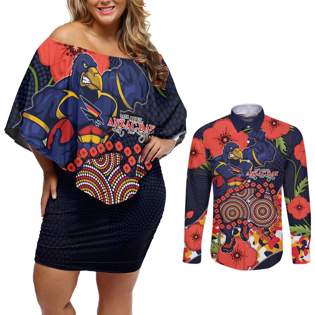 Adelaide Crows ANZAC Day Tribute Couples Matching Off Shoulder Short Dress and Long Sleeve Button Shirt Indigenous Dot Art Poppy Remembrance Football Warrior